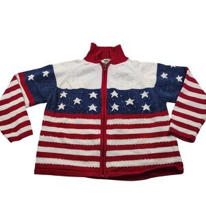 Vtg Tiara International American Flag Sequin Zip Up Cardigan Sweater‎ XL